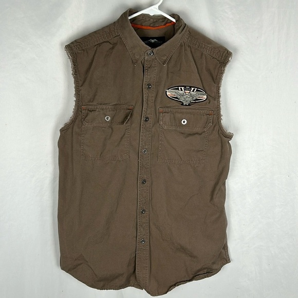 Harley Davidson Brown Cotton Motorcycle Biker Vest -Size Medium - Picture 1 of 8